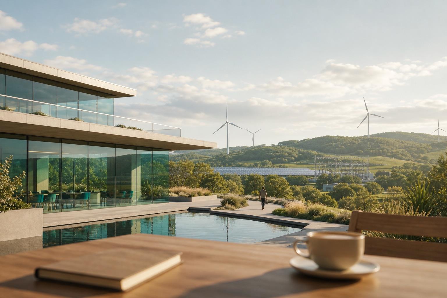 A sunlit research campus beside water and clean energy, suggesting considered technology and calm